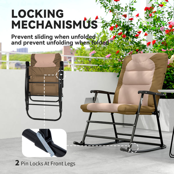 2pc Patio Foldable Rocking Chair Set w/ Soft Padded Seat, Backrest, and Headrest for park, backyard, garden, Light Brown