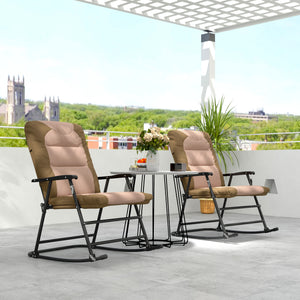 2pc Patio Foldable Rocking Chair Set w/ Soft Padded Seat, Backrest, and Headrest for park, backyard, garden, Light Brown