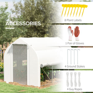 3 x 2(m) Walk-in Polytunnel Greenhouse, Zipped Roll Up Sidewalls, Mesh Door, 6 Mesh Windows, Tunnel Warm House Tent with PE Cover, Complimentary Plant Labels and Gloves, White