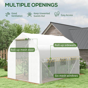3 x 2(m) Walk-in Polytunnel Greenhouse, Zipped Roll Up Sidewalls, Mesh Door, 6 Mesh Windows, Tunnel Warm House Tent with PE Cover, Complimentary Plant Labels and Gloves, White