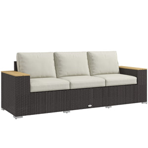 3-Seat Outdoor Couch with Cushions, PE Rattan Patio Couch with Wood Grain Armrests, Outdoor Sofa for Porch, Sunroom, Garden, Poolside, Cream White