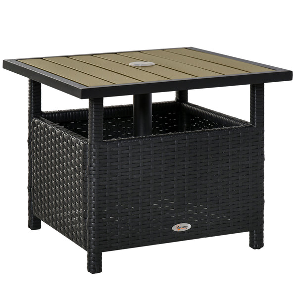 22" Square Steel PE Rattan Wicker Table With Umbrella Hole, Outdoor Patio Accent Dining Side Table Used as Umbrella Stand, Black