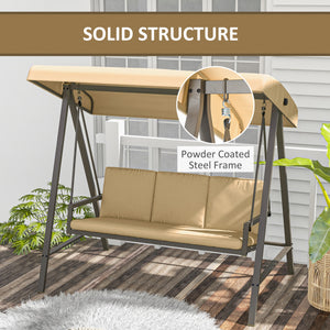 3 Seater Patio Swing Chair, Porch Swing with Adjustable Canopy, Removable Cushions and Steel Frame, Outdoor Swing Seat for Garden, Backyard, Lawn, Beige