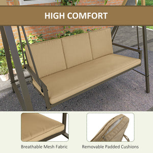 3 Seater Patio Swing Chair, Porch Swing with Adjustable Canopy, Removable Cushions and Steel Frame, Outdoor Swing Seat for Garden, Backyard, Lawn, Beige