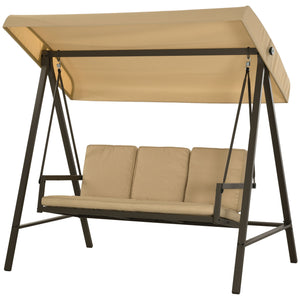 3 Seater Patio Swing Chair, Porch Swing with Adjustable Canopy, Removable Cushions and Steel Frame, Outdoor Swing Seat for Garden, Backyard, Lawn, Beige