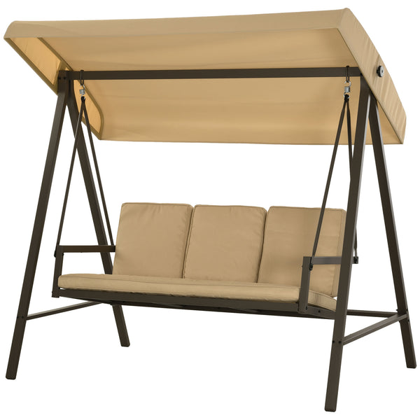 3 Seater Patio Swing Chair, Porch Swing with Adjustable Canopy, Removable Cushions and Steel Frame, Outdoor Swing Seat for Garden, Backyard, Lawn, Beige