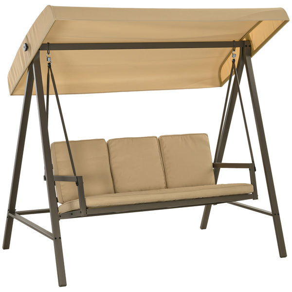 3 Seater Patio Swing Chair, Porch Swing with Adjustable Canopy, Removable Cushions and Steel Frame, Outdoor Swing Seat for Garden, Backyard, Lawn, Beige