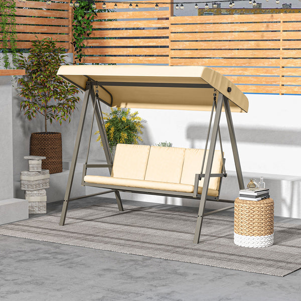 3 Seater Patio Swing Chair, Porch Swing with Adjustable Canopy, Removable Cushions and Steel Frame, Outdoor Swing Seat for Garden, Backyard, Lawn, Beige