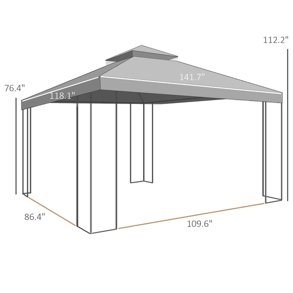 10' x 12' Patio Gazebo with Corner Frame Shelves, Double Roof Outdoor Gazebo Canopy Shelter with Netting for Patio, Wedding, Catering & Events, Brown