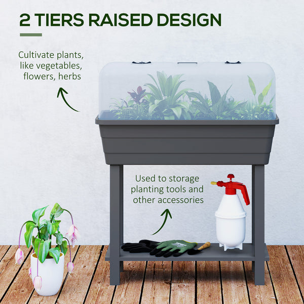 41L Self Watering Raised Garden Bed with Ventilation Transparent Lid Greenhouse, Storage Shelf, Planter Box with Water Level Indicator, 29.5" x 14.2" x 36.2", Dark Grey