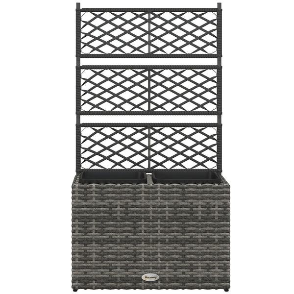 22L Raised Garden Box with Trellis, PE Rattan Free Standing Flower Raised Garden Bed with Two Plant Boxes, Garden Planter Box for Climbing Plants, Mixed Grey