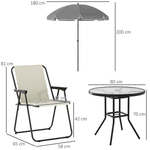 4 Seater Garden Furniture Set, 6 Pieces Garden Table and Chairs with Parasol, Outdoor Garden Dining Set with Folding Chairs and Round Glass Top Table for Patio, Cream White