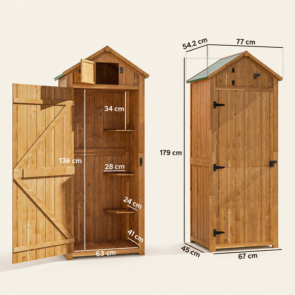 ROWAN Wooden Storage Cabinet w/ Shelves, Tilt Roof & Lockable Double Doors, Brown