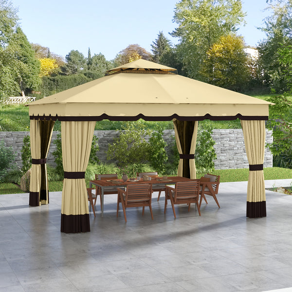  10' x 12' Patio Gazebo, Double Roof Outdoor Gazebo Canopy Shelter with Netting and Curtains, Solid Metal Frame for Garden, Lawn and Deck, Beige