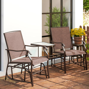 Outdoor Glider Chairs with Coffee Table, Patio 2-Seat Rocking Chair Swing Loveseat with Breathable Sling for Backyard, Garden, and Porch, Coffee Brown