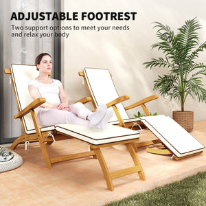Outdoor Lounge Chair, Acacia Wood Folding Chaise Lounge Chair Recliner with Adjustable Footrest, Padded Cushion, Recline Back and Armrests for Patio Garden, White