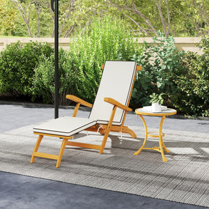 Outdoor Lounge Chair, Acacia Wood Folding Chaise Lounge Chair Recliner with Adjustable Footrest, Padded Cushion, Recline Back and Armrests for Patio Garden, White