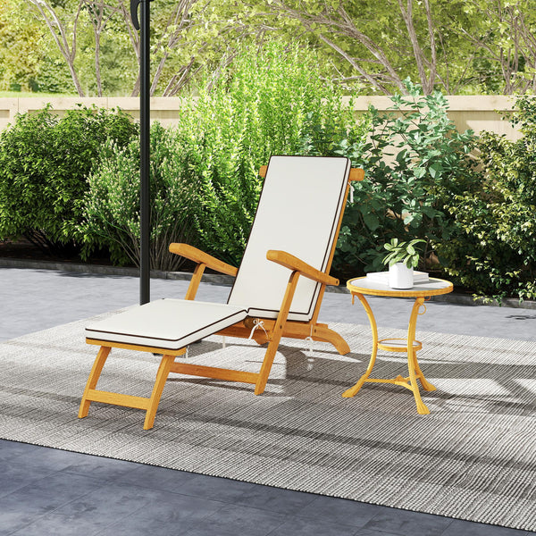 Outdoor Lounge Chair, Acacia Wood Folding Chaise Lounge Chair Recliner with Adjustable Footrest, Padded Cushion, Recline Back and Armrests for Patio Garden, White