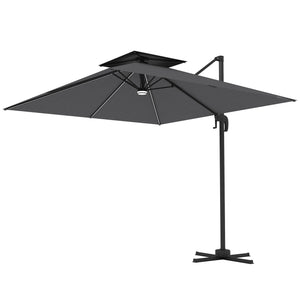 8' Cantilever Patio Umbrella with Solar Powered LED Lights, Hanging Offset Umbrella with 360°Rotation, Tilt Adjustment, Crank, Cross Base for Garden, Dark Grey