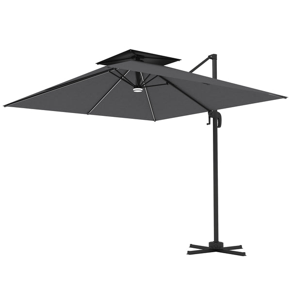 8' Cantilever Patio Umbrella with Solar Powered LED Lights, Hanging Offset Umbrella with 360°Rotation, Tilt Adjustment, Crank, Cross Base for Garden, Dark Grey