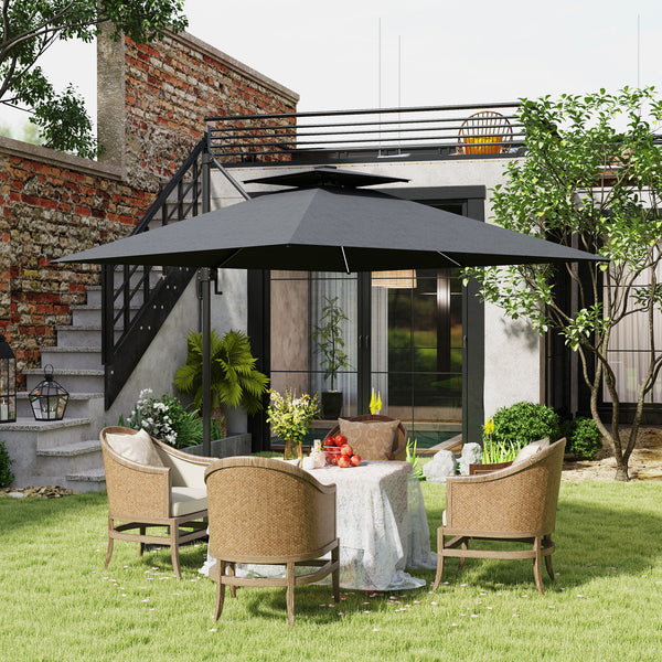 8' Cantilever Patio Umbrella with Solar Powered LED Lights, Hanging Offset Umbrella with 360°Rotation, Tilt Adjustment, Crank, Cross Base for Garden, Dark Grey