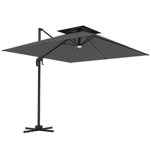 8' Cantilever Patio Umbrella with Solar Powered LED Lights, Hanging Offset Umbrella with 360°Rotation, Tilt Adjustment, Crank, Cross Base for Garden, Dark Grey