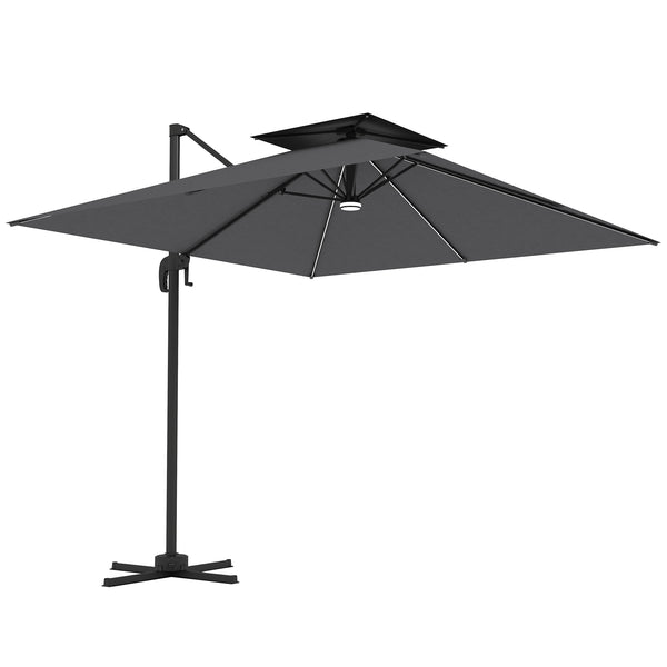 8' Cantilever Patio Umbrella with Solar Powered LED Lights, Hanging Offset Umbrella with 360°Rotation, Tilt Adjustment, Crank, Cross Base for Garden, Dark Grey