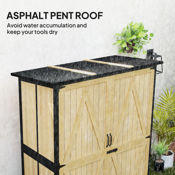Outdoor Storage Cabinet, Wood Garden Tool Shed with Steel Frame and Asphalt Roof, Garden Storage Shed with 2 Shelves, Lockable Doors and Adjustable Feet for Patio Backyard Lawn, Natural