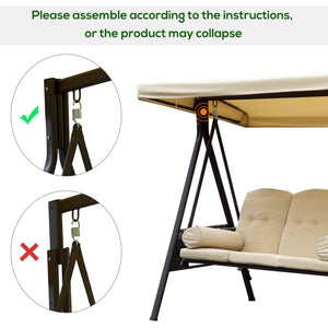 3 Seater Canopy Swing Chair, Outdoor Garden Swing Seat with Adjustable Canopy, Cushions and Cup Trays, Steel Frame, Beige