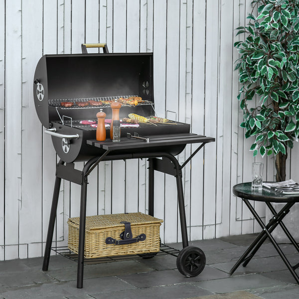 30" Portable Barrel Charcoal BBQ Grill with 370 Square Inches Cooking Space & Storage Shelf for Garden Camping Picnic, Black