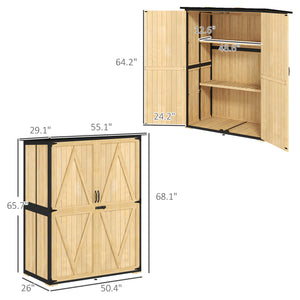 Outdoor Storage Cabinet, Wood Garden Tool Shed with Steel Frame and Asphalt Roof, Garden Storage Shed with 2 Shelves, Lockable Doors and Adjustable Feet for Patio Backyard Lawn, Natural
