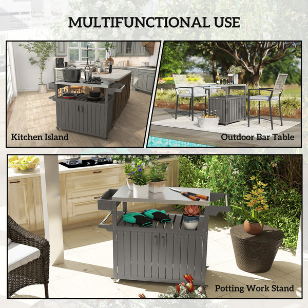 Outdoor Bar Cart with Storage Cabinet, Stainless Steel Top Kitchen Island on Wheels, HDPE Outdoor Bar Table, Movable Patio Beverage Food Prep Table for BBQ Picnic, Dark Gray