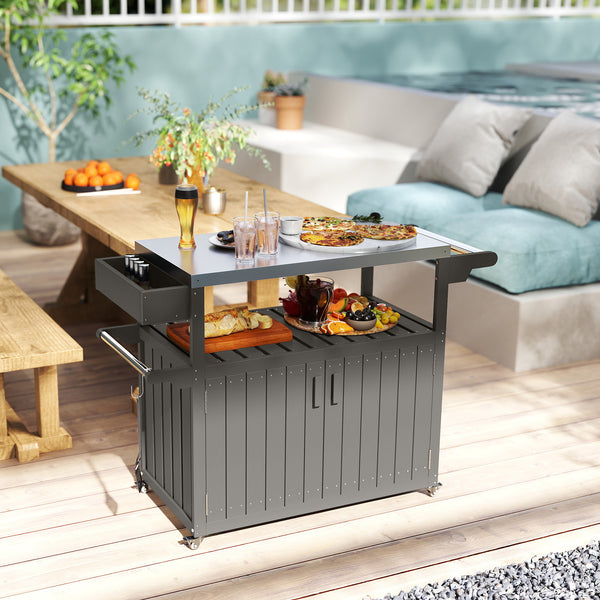 Outdoor Bar Cart with Storage Cabinet, Stainless Steel Top Kitchen Island on Wheels, HDPE Outdoor Bar Table, Movable Patio Beverage Food Prep Table for BBQ Picnic, Dark Gray