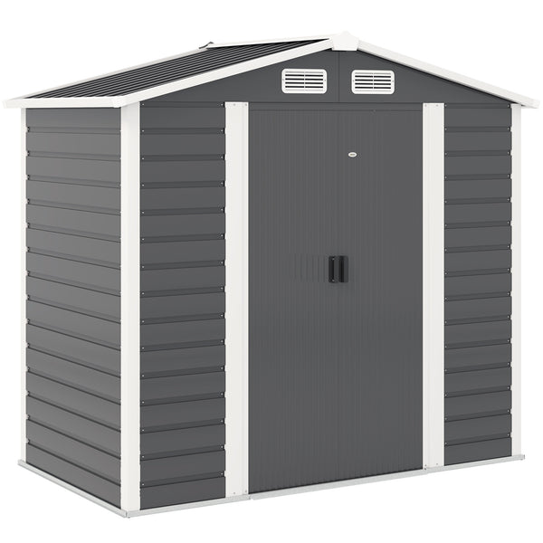 7 x 4ft Garden Shed, Easy to Assemble, Upgraded Galvanised Steel Frame with Foundation Kit, Double Doors with Lock, Outdoor Metal Shed with Vents and Gloves, Garden Storage Shed, Dark Grey