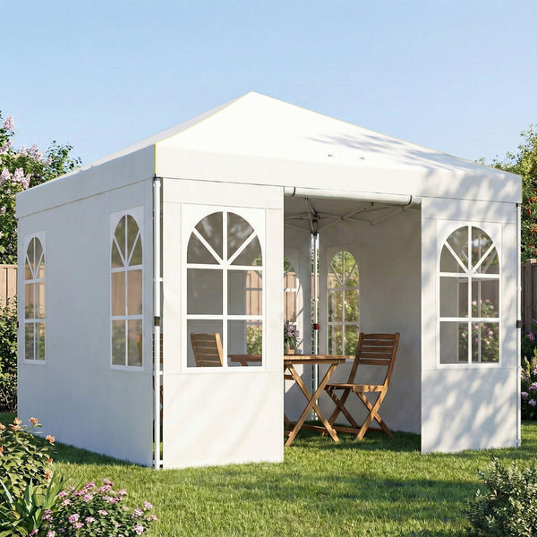 9.6 x 9.6 ft Pop Up Canopy Tent with Sidewalls, One Button Push Setup, UPF50+ Outdoor Portable Instant Canopy Shelter with Carry Bag, Sandbags, Adjustable Height for Parties Events, White
