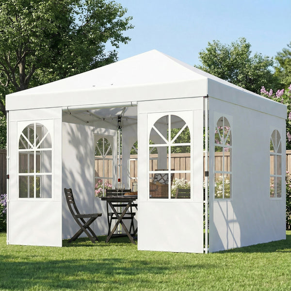9.6 x 9.6 ft Pop Up Canopy Tent with Sidewalls, One Button Push Setup, UPF50+ Outdoor Portable Instant Canopy Shelter with Carry Bag, Sandbags, Adjustable Height for Parties Events, White