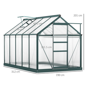 6 x 10ft Polycarbonate Greenhouse, Large Walk-In Green House with Slide Door and Window, Garden Plants Grow House with Aluminium Frame and Foundation, Dark Green