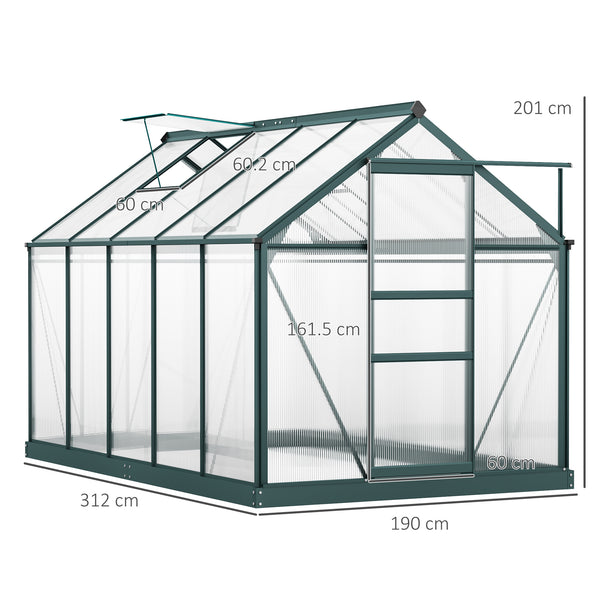 6 x 10ft Polycarbonate Greenhouse, Large Walk-In Green House with Slide Door and Window, Garden Plants Grow House with Aluminium Frame and Foundation, Dark Green