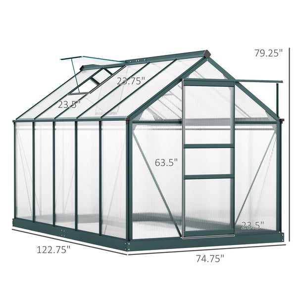 6' x 10' x 6.6' Polycarbonate Greenhouse, Walk-In Green House Kit Garden, Plants Grow, Galvanized Sheet Aluminum Frame with Rain Gutter, Vents and Sliding Door, Green