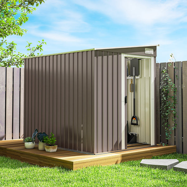 5 x 7FT Lean to Outdoor Storage Shed with Foundation Kit, Metal Garden Shed with Adjustable Shelves, Sliding Door, Vents, Hooks for Backyard, Patio, Lawn, Light Grey