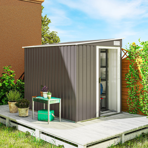 5 x 7FT Lean to Outdoor Storage Shed with Foundation Kit, Metal Garden Shed with Adjustable Shelves, Sliding Door, Vents, Hooks for Backyard, Patio, Lawn, Light Grey