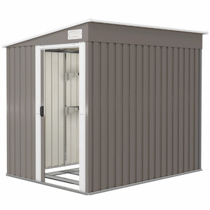 5 x 7FT Lean to Outdoor Storage Shed with Foundation Kit, Metal Garden Shed with Adjustable Shelves, Sliding Door, Vents, Hooks for Backyard, Patio, Lawn, Light Grey