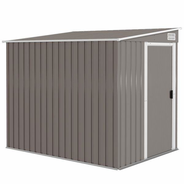 5 x 7FT Lean to Outdoor Storage Shed with Foundation Kit, Metal Garden Shed with Adjustable Shelves, Sliding Door, Vents, Hooks for Backyard, Patio, Lawn, Light Grey