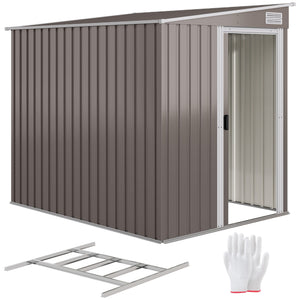 5 x 7FT Lean to Outdoor Storage Shed with Foundation Kit, Metal Garden Shed with Adjustable Shelves, Sliding Door, Vents, Hooks for Backyard, Patio, Lawn, Light Grey