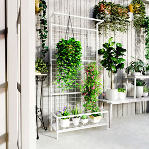 Outsunny Tall Plant Stand with Trellis and Hanging Bar, Metal Plant Holder Flower Stand for Vine Climbing Plants Flowers Indoor Outdoor Use, 35" x 12.8" x 74", White