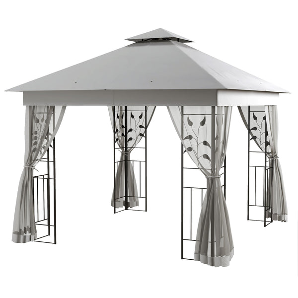 3(m) x 3(m) Garden Gazebo, Double Roof Outdoor Gazebo Canopy Shelter with Netting, Solid Steel Frame, for Garden, Lawn and Deck, Light Grey