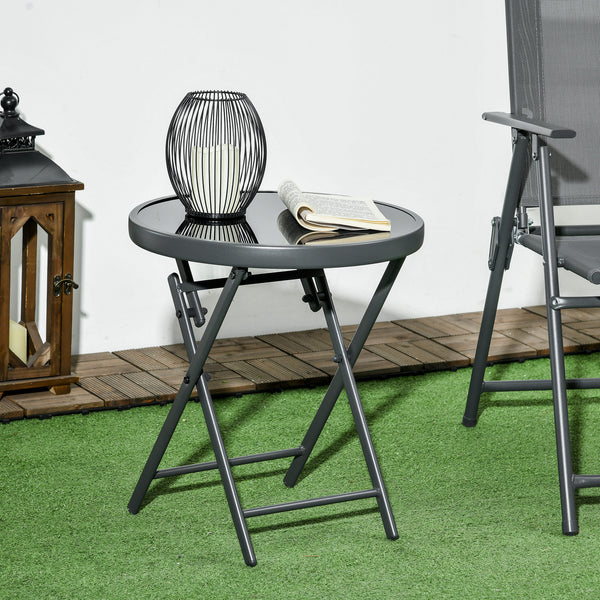 18" Outdoor Round Folding Table, Garden Side Table with Metal Frame and Tempered Glass Top for Patio, Picnic, Party, Wedding, Black