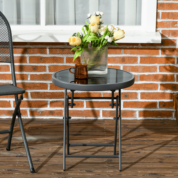 18" Outdoor Round Folding Table, Garden Side Table with Metal Frame and Tempered Glass Top for Patio, Picnic, Party, Wedding, Black