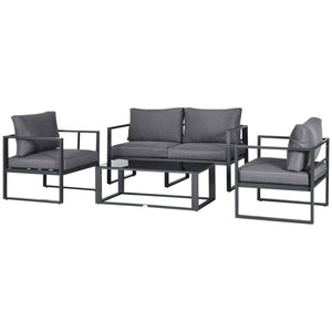 4 Pieces Garden Sofa Set 2 Single Armchair 1 Bench & Side Table Set Aluminium Frame Patio Furniture with Cushions Grey