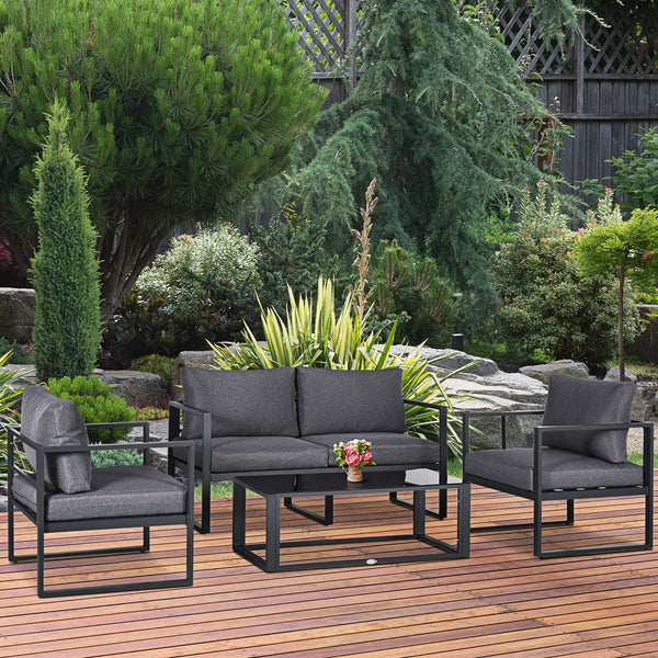 4 Pieces Garden Sofa Set 2 Single Armchair 1 Bench & Side Table Set Aluminium Frame Patio Furniture with Cushions Grey